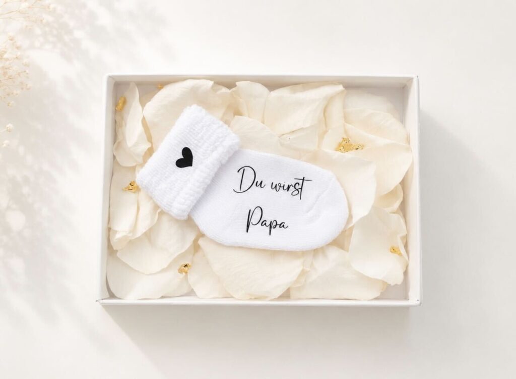 Personalisierte Schwangerschaftsverkündungssocke in eleganter Geschenkbox mit Rosenblättern und Blattgold – liebevolles und einzigartiges Babyankündigungs-Geschenk