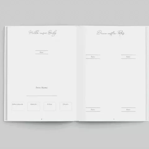 Baby memory book in elegant grey with gold-plated lettering - 54 pages to record your baby's first years and milestones