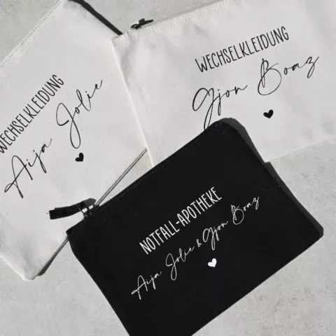 Customisable pouch made of 100 % brushed cotton in black or natural with vintage metal zip - versatile bag for a change of clothes and emergency first aid kit