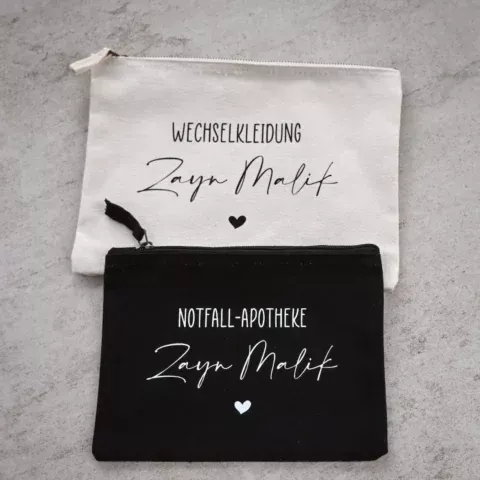Customisable pouch made of 100 % brushed cotton in black or natural with vintage metal zip - versatile bag for a change of clothes and emergency first aid kit