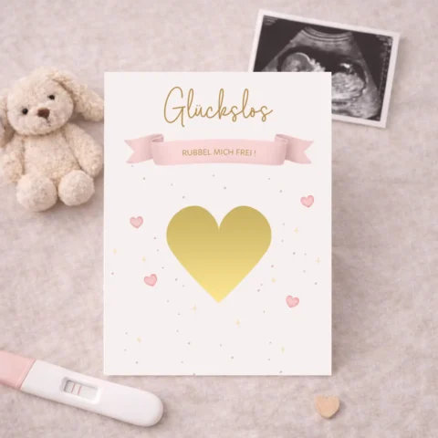 Heart-shaped rubellos to announce pregnancy with gold, pink, grey or red scratch-on surface - creative surprise for parents-to-be
