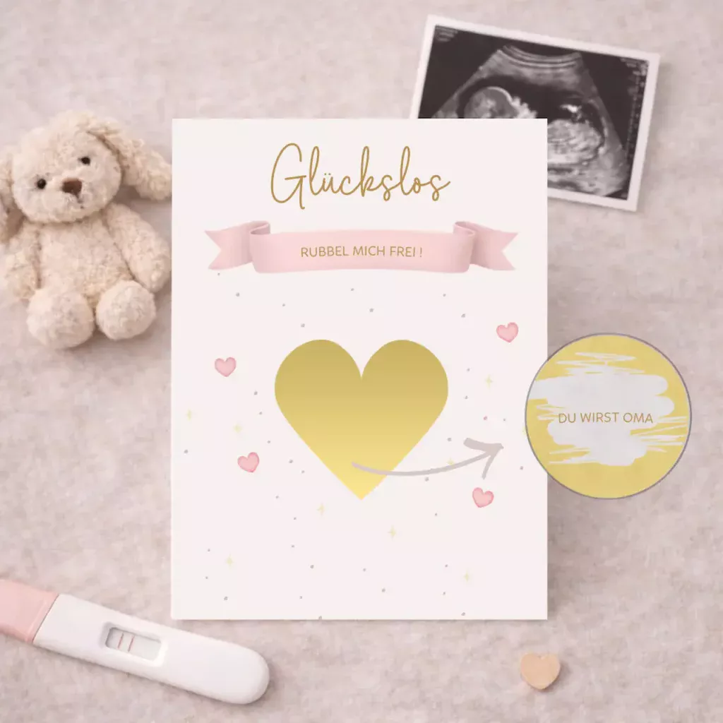 Rubellos zur Schwangerschaftsverkuendung mit Herz-Aufrubbelflaeche – personalisiertes Los zum Freirubbeln fuer Papa, Oma, Opa oder Geschwister