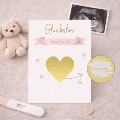 Rubellos zur Schwangerschaftsverkuendung mit Herz-Aufrubbelflaeche – personalisiertes Los zum Freirubbeln fuer Papa, Oma, Opa oder Geschwister