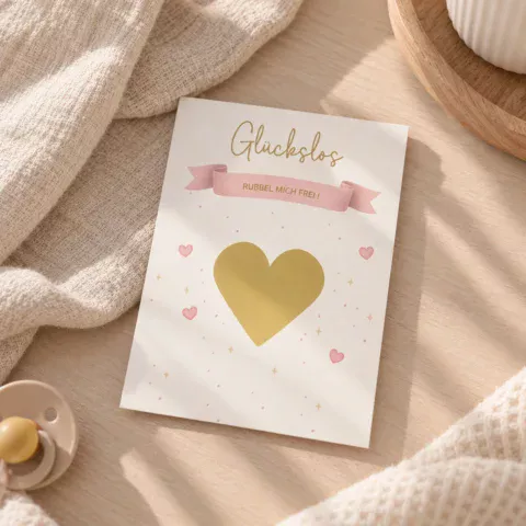 Rubellos zur Schwangerschaftsverkündung mit goldfarbenem Rubbelherz