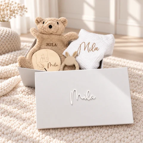 Geschenkbox Baby personalisiert mit Teddy, Nuscheli, Beissring und Meilenstein fürs Spitalarmband