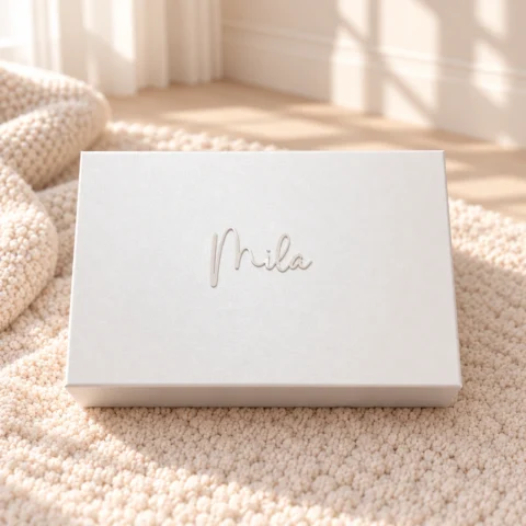 Personalisierte Baby Geschenkbox in Weiss mit satin-glänzendem Deckel und individuellem Namen aus weissem Acryl