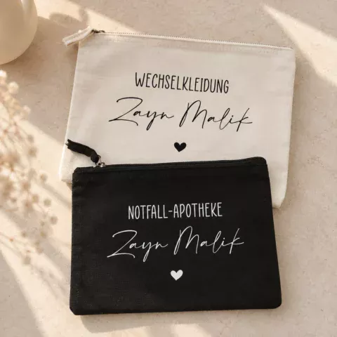 Personalisierbare Pouche aus 100 % gebürsteter Baumwolle in Schwarz oder Natur mit Vintage-Metallreißverschluss – vielseitige Tasche für Wechselkleidung und Notfallapotheke
