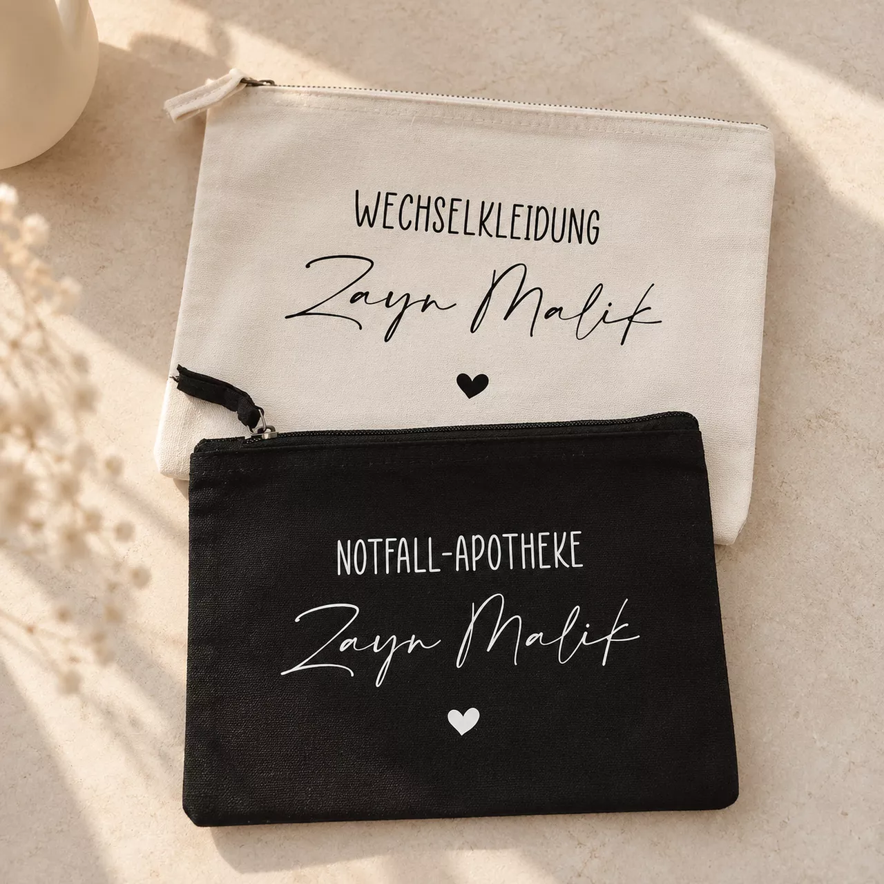 Personalisierbare Pouche aus 100 % gebürsteter Baumwolle in Schwarz oder Natur mit Vintage-Metallreißverschluss – vielseitige Tasche für Wechselkleidung und Notfallapotheke