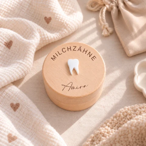 Personalisierte Milchzahndose aus hochwertigem Holz mit individueller Gravur – sichere und stilvolle Aufbewahrung für die ersten Milchzähne deines Babys
