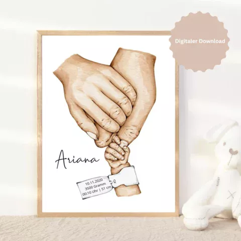 Digitales Birth Poster Baby mit Handillustration und Geburtsdaten – personalisierbare Canva-Vorlage für Babyzimmer-Deko