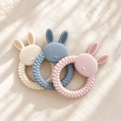 Süßer Beißring in Hasenform aus BPA-freiem Silikon in Beige, Grau oder Rosa – hilft bei Zahnungsschmerzen, leicht zu reinigen und sicher für Babys