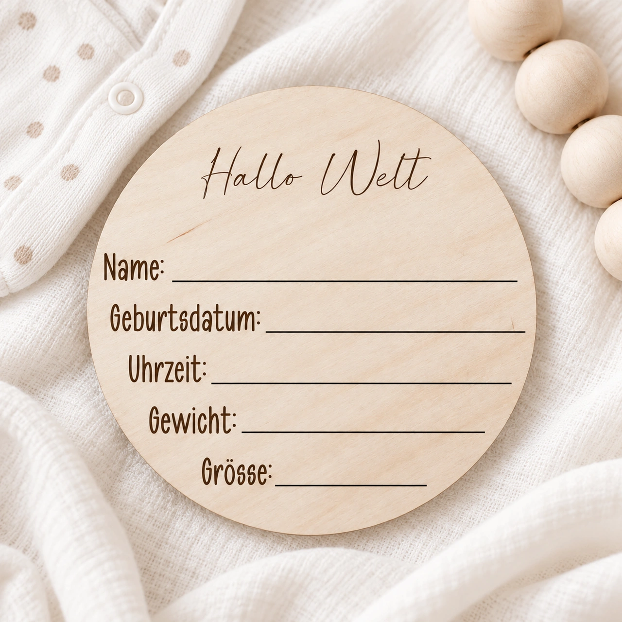 Meilenstein mit Geburtsdaten aus Holz mit Platz für Name, Geburtsdatum, Uhrzeit, Gewicht und Größe – personalisierbares Erinnerungsstück zur Geburt