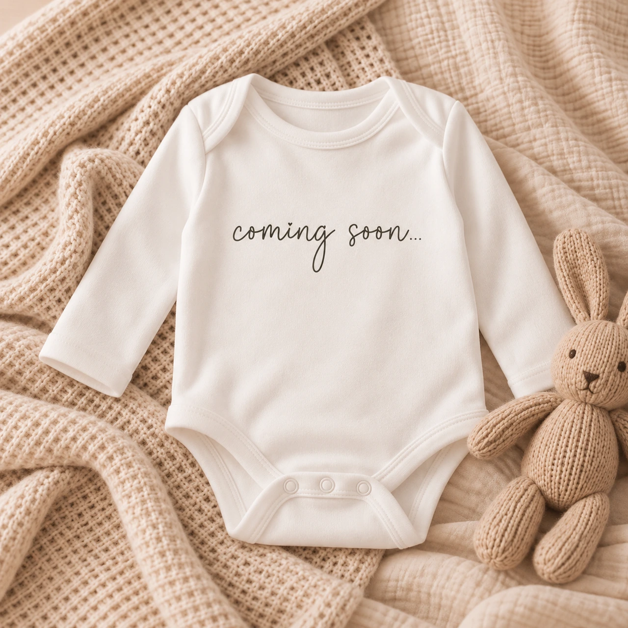 Weisser Coming Soon Babybody zur Schwangerschaftsverkündung auf beigefarbenem Hintergrund