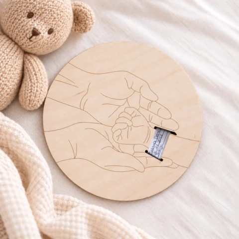 Meilenstein Spitalarmband aus naturbelassenem Holz mit Lasergravur von schützenden Elternhänden, 12 cm Durchmesser, personalisierbares Erinnerungsstück zur Geburt