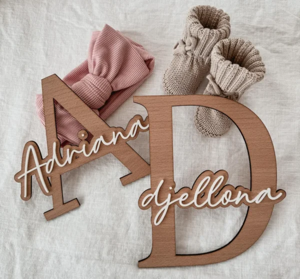 Personalised name tag for the children's room made of wood and white acrylic, variable width depending on the number of letters, approx. 20 cm high, with adhesive tape for easy attachment