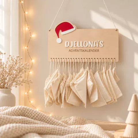 Personalisierter Adventskalender aus Birkenholz mit 24 nummerierten Säckchen und weißem Acrylglas-Namen in 3D-Optik, ideal für Kinder
