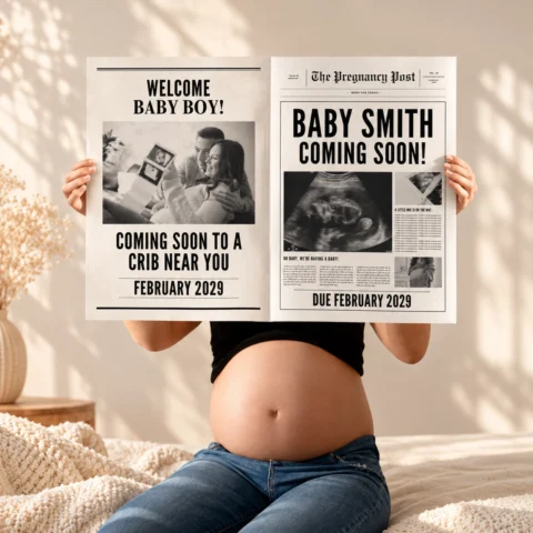 Zwei Babynews-Zeitungsseiten zur Schwangerschaftsverkündung vor einem Babybauch
