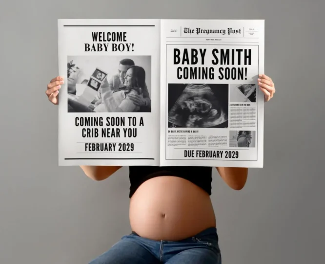 Kreative Babyankündigung mit personalisierbarer Babynews-Zeitungsvorlage im Vintage-Zeitungsstil zum Selbstgestalten