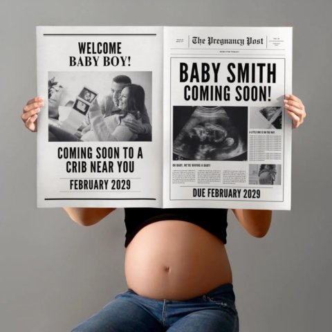 Kreative Babyankündigung mit personalisierbarer Babynews-Zeitungsvorlage im Vintage-Zeitungsstil zum Selbstgestalten