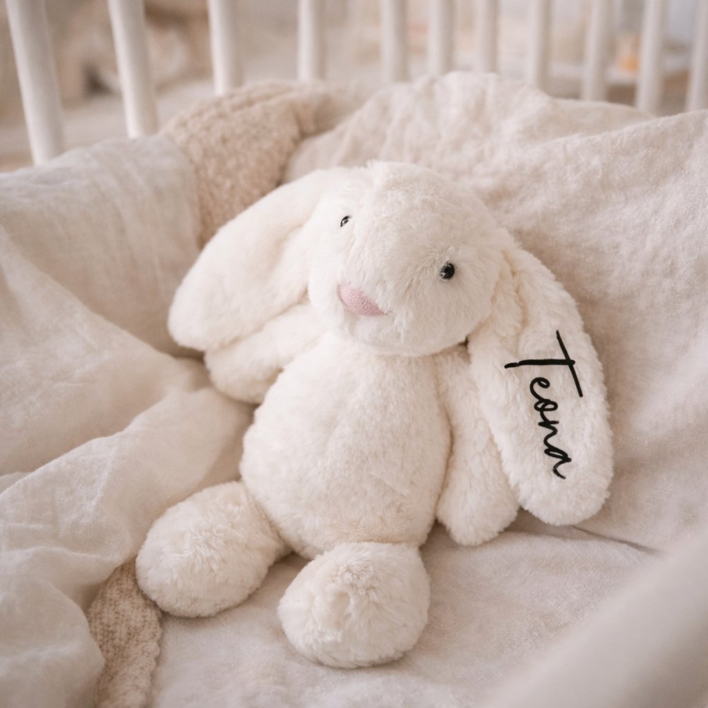 White plush bunny with printed name on the ear, cuddly soft toy as a personalised gift for birth or christening