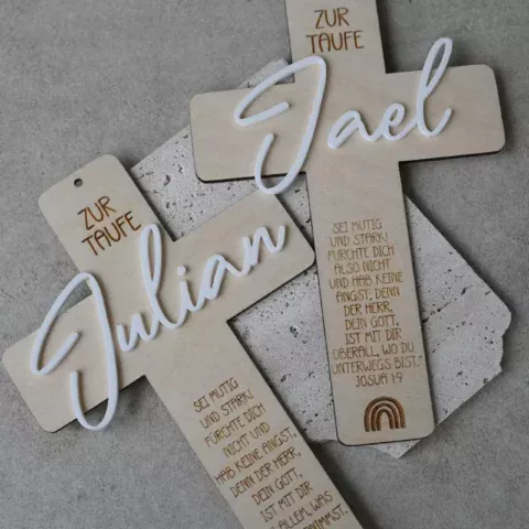 Personalised wooden christening cross with acrylic name and engraved christening motto, made from high-quality natural wood