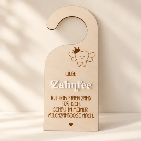 Türhänger Zahnfee aus Acryl – mit Gravur „Ich hab einen Milchzahn für dich“ – Geschenk zum ersten Zahnverlust