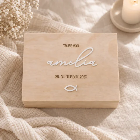 Personalisierte Taufkiste mit Namen aus Holz – Geschenk zur Taufe