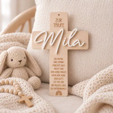 Personalisiertes Holzkreuz zur Taufe mit Namen aus Acryl und eingraviertem Taufspruch, aus hochwertigem Naturholz gefertigt