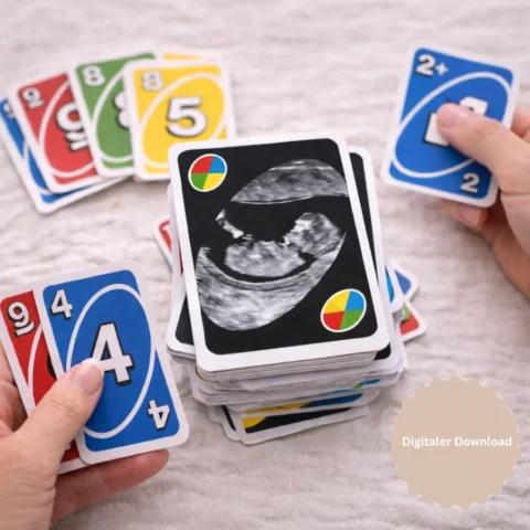 Digitale Uno-Karte Schwangerschaftsverkuendung als Canva Vorlage mit Platz fuer Ultraschallfoto zum Ausdrucken und Ueberraschen beim Spieleabend