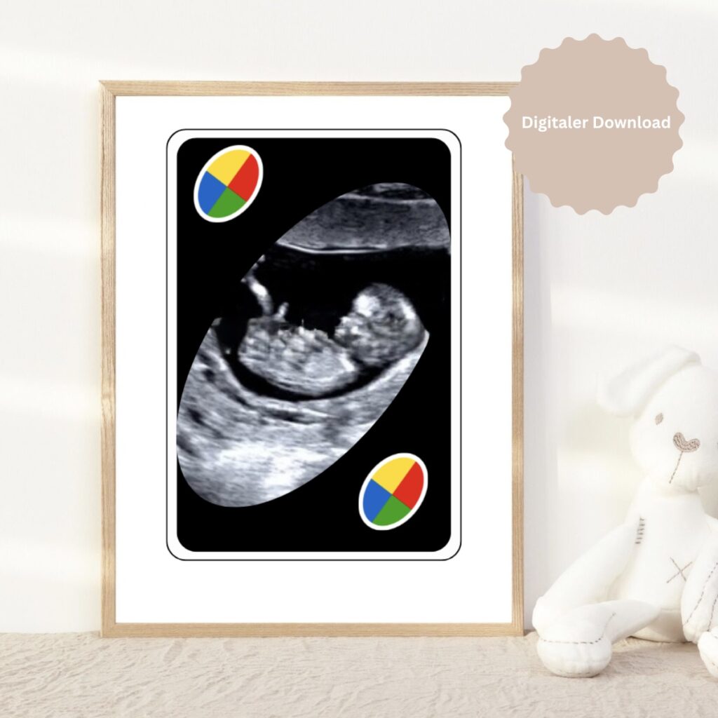 Digitale Uno-Karte Schwangerschaftsverkuendung als Canva Vorlage mit Platz fuer Ultraschallfoto zum Ausdrucken und Ueberraschen beim Spieleabend