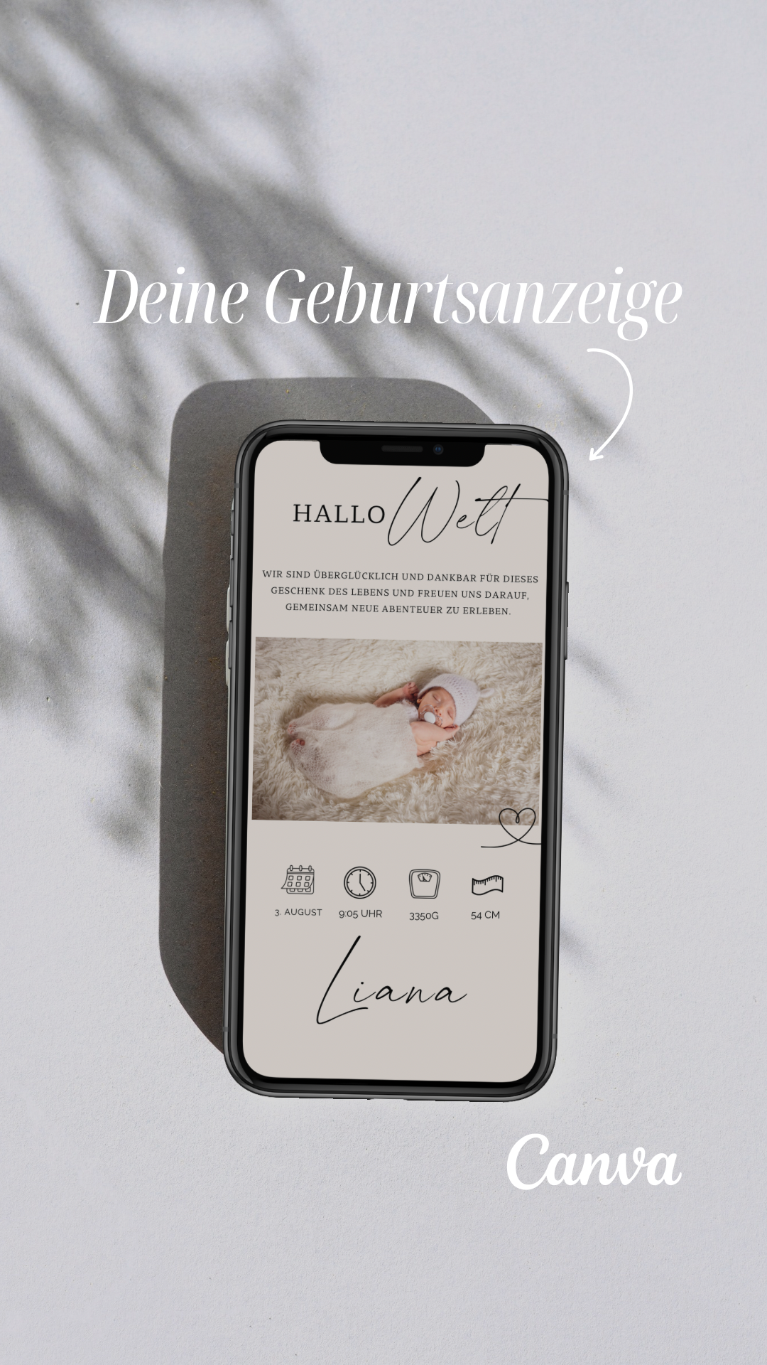 Digitale Geburtsanzeige Canva Vorlage mit Foto, Namen und Geburtsdaten im modernen, zeitlosen Design