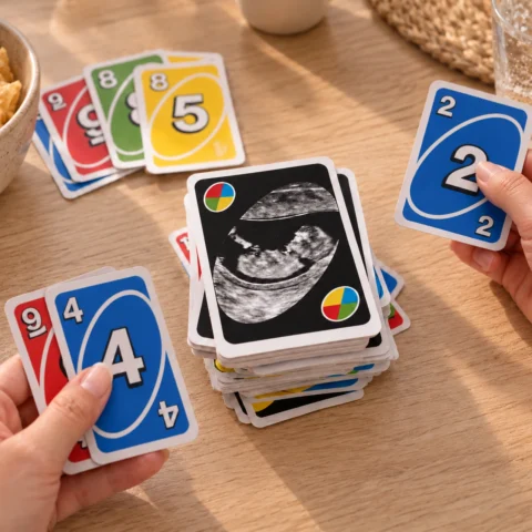 UNO-Karte zur Schwangerschaftsankündigung mit Ultraschallbild zwischen bunten Spielkarten