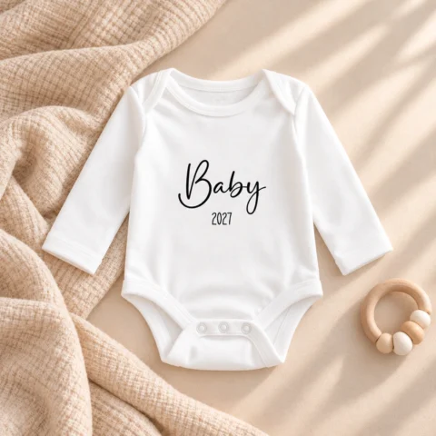 Weisser Babybody mit Aufdruck Baby 2027 zur Schwangerschaftsverkündung