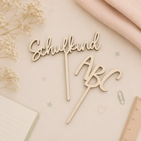 Cake Topper Schulkind aus Holz mit Schriftzug „Schulkind“ und ABC-Motiv als stilvolle Tortendekoration für die Einschulung.