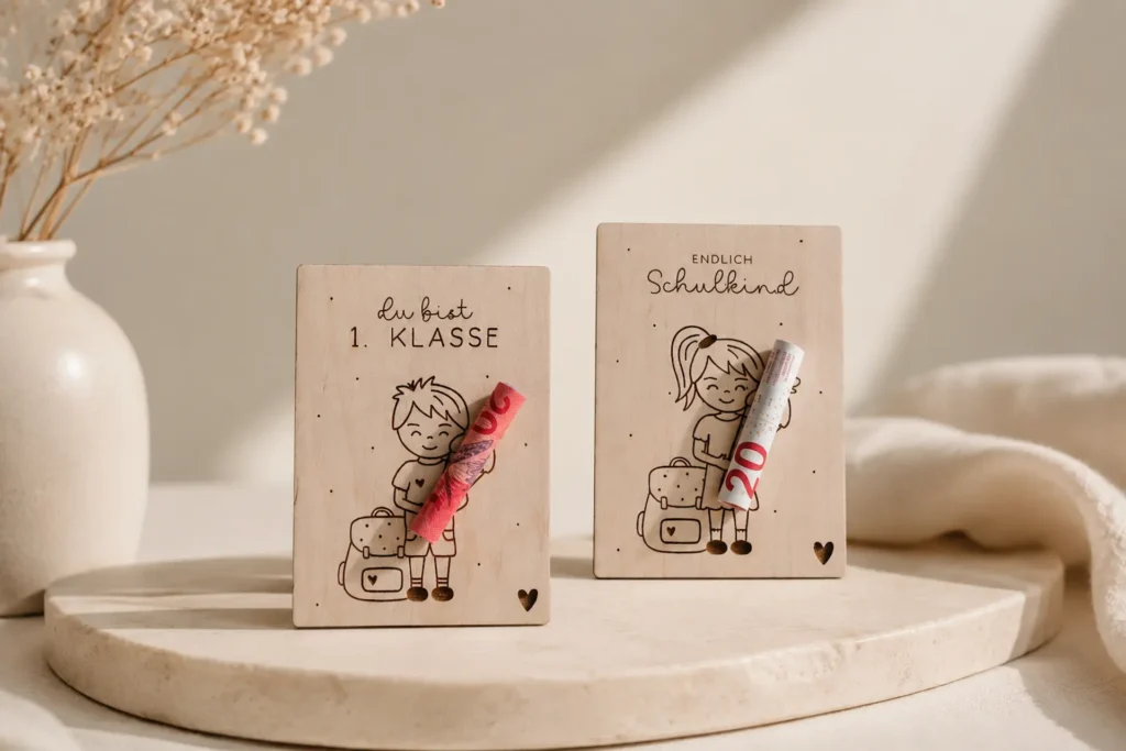 Geldgeschenk Einschulung Holz mit Mädchen- und Jungen-Motiv. Die beiden Holzanhänger bieten Platz für einen Geldschein und sind eine kreative Geschenkidee zur Einschulung.