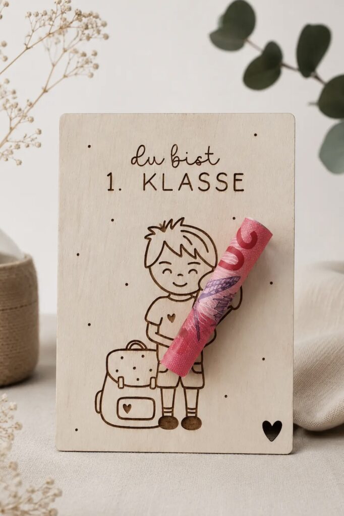 Geldgeschenk Einschulung Holz mit Jungen-Motiv und Schriftzug „Endlich Schulkind“. Der Geldschein ist dekorativ am Holzanhänger befestigt und macht das Geschenk zur Einschulung besonders persönlich.