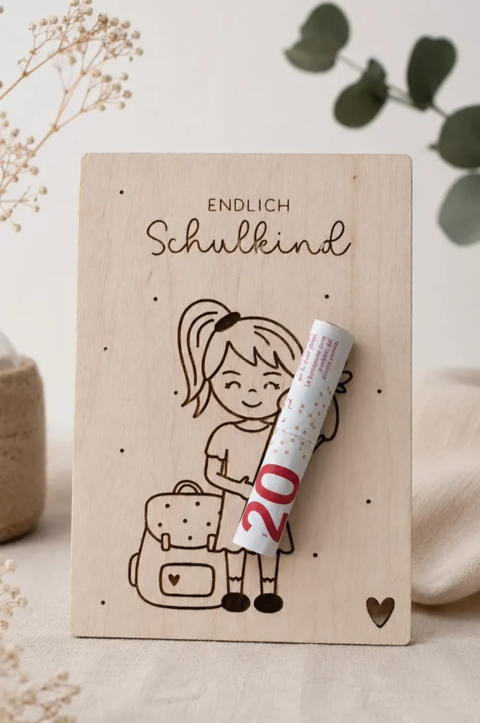 Geldgeschenk Einschulung Holz mit Mädchen-Motiv und Schriftzug „Endlich Schulkind“. Der Geldschein ist dekorativ am Holzanhänger befestigt und macht das Geschenk zur Einschulung besonders persönlich.