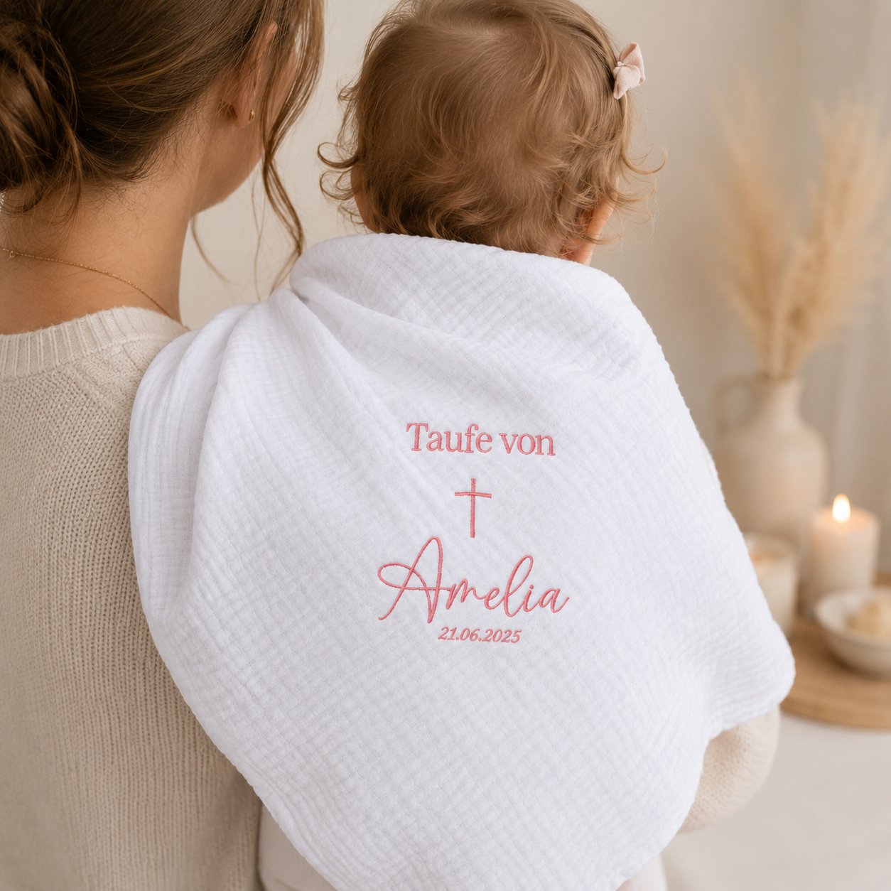Personalisiertes Musselintuch zur Taufe 60x60 cm mit Name, Kreuz und Taufdatum