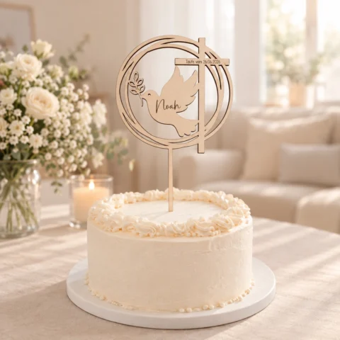 Cake Topper Taufe aus Holz mit personalisierter Gravur, Kreuz, Taube, Name und Datum als Tortendekoration zur Taufe.