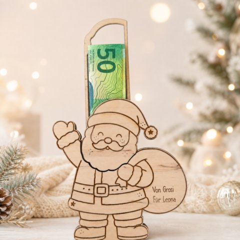 Geldgeschenk Weihnachten personalisiert mit Weihnachtsmann aus Holz, Wunschgravur und Geldschein