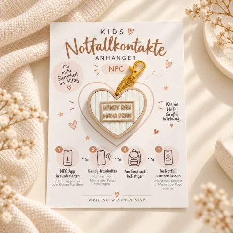 NFC Notfallkontakt Anhänger für Kinder in Herzform mit Karabiner und Aufschrift Handy ran Mama dran