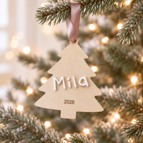 Personalisierter Weihnachtsanhänger aus Holz mit weisser Acrylschrift Mila und Jahreszahl 2026 am beleuchteten Weihnachtsbaum