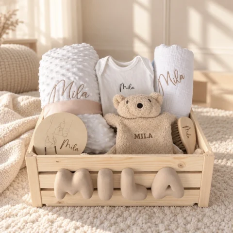 Personalisierte Baby-Geschenkkiste mit 3D-Bubble-Namen MILA, bestickter Babydecke, Teddy, Body, Nuscheli, Babybürste und Holz-Meilenstein
