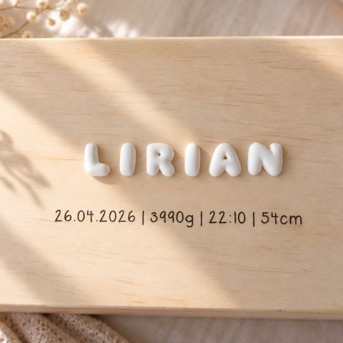 Personalisierte Erinnerungskiste aus Holz mit matten 3D Bubble Buchstaben und Namen – Baby Erinnerungsbox zur Geburt