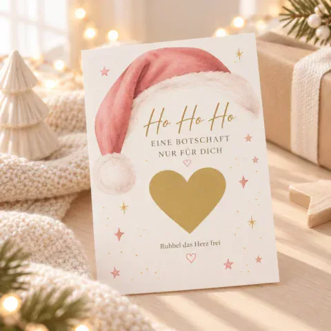 Personalisiertes Rubbellos Weihnachten im A5-Format mit goldfarbenem Rubbelherz und rosa Weihnachtsmütze