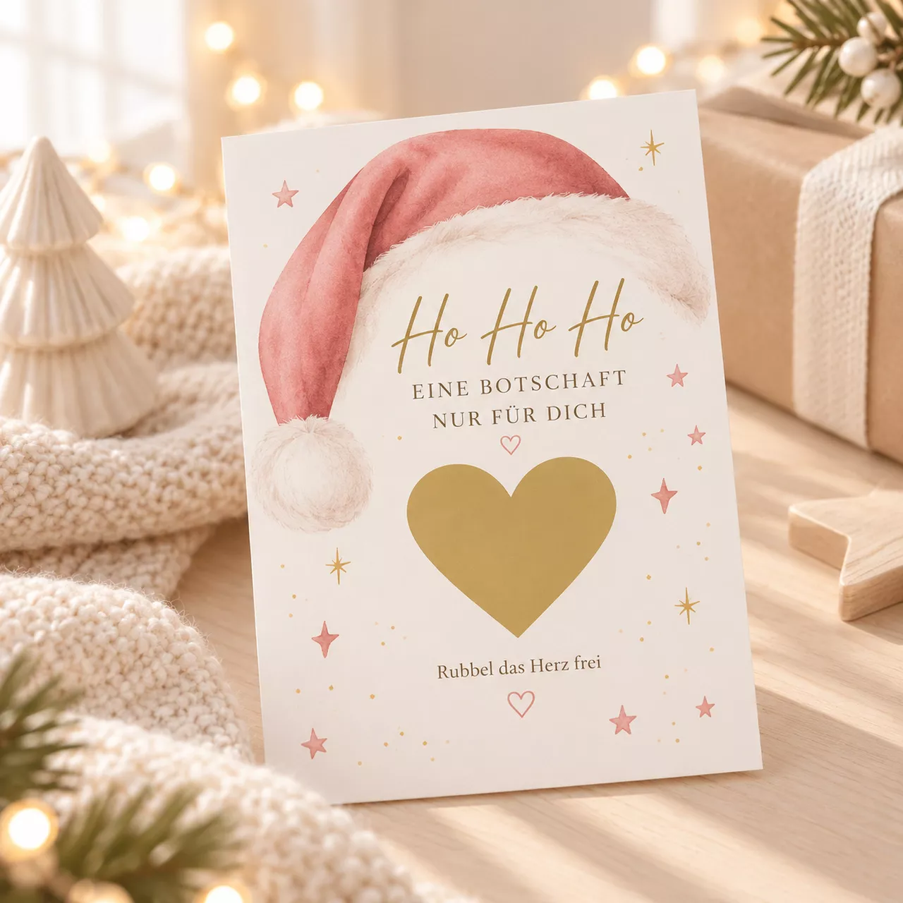 Personalisiertes Rubbellos Weihnachten im A5-Format mit goldfarbenem Rubbelherz und rosa Weihnachtsmütze