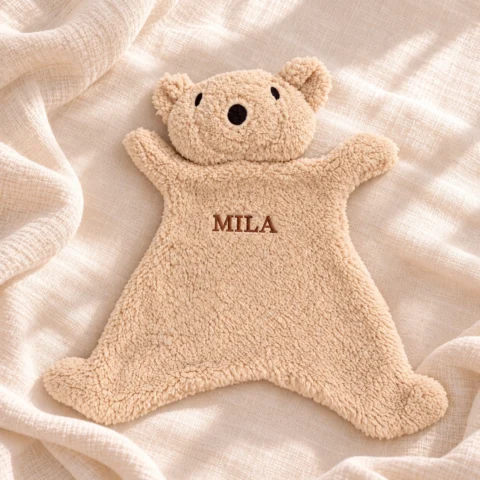 Personalisierter Teddy aus beigem Plüsch mit braun gesticktem Namen MILA auf hellem Stoffhintergrund